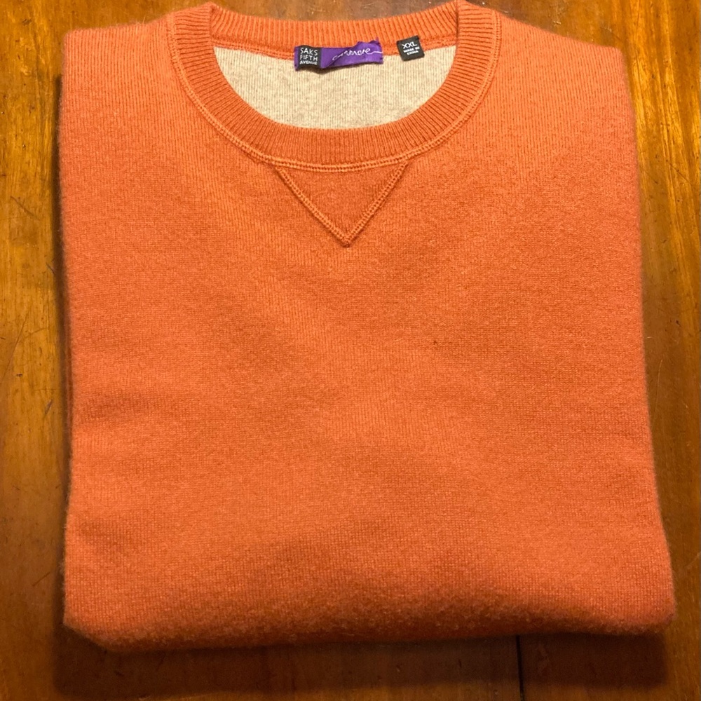 Saks Fifth Avenue pumpkin spice cashmere crew neck men’s sweater V neck detail